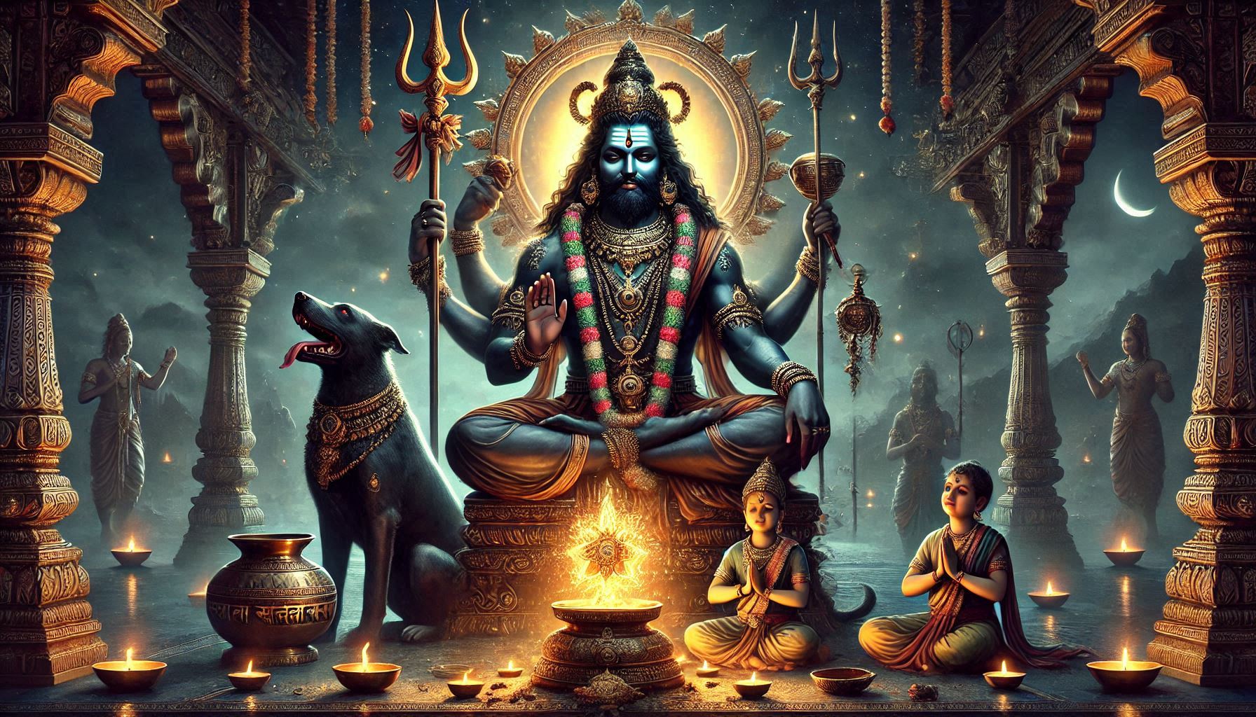 Artistic depiction of a mythological scene with figures in meditation, a dog, and ceremonial lamps.