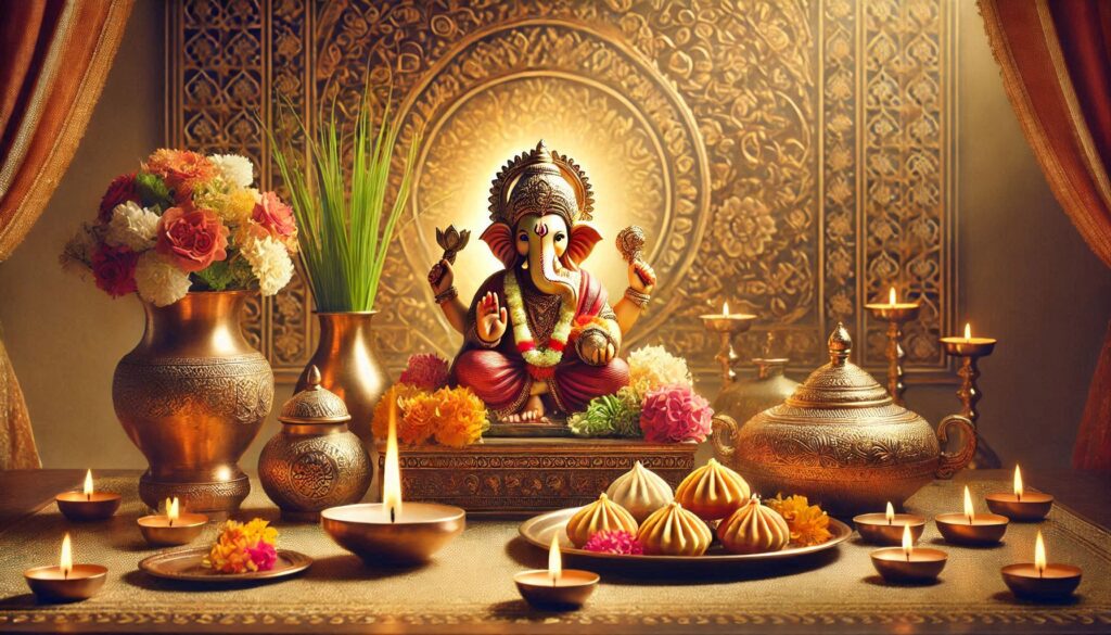 Alt text: A decorated statue of Lord Ganesha with candles, flowers, and sweets in a serene, ornate setting.