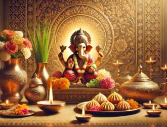 Alt text: A decorated statue of Lord Ganesha with candles, flowers, and sweets in a serene, ornate setting.