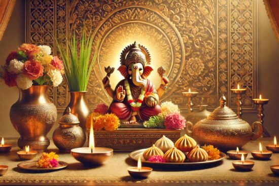 Alt text: A decorated statue of Lord Ganesha with candles, flowers, and sweets in a serene, ornate setting.