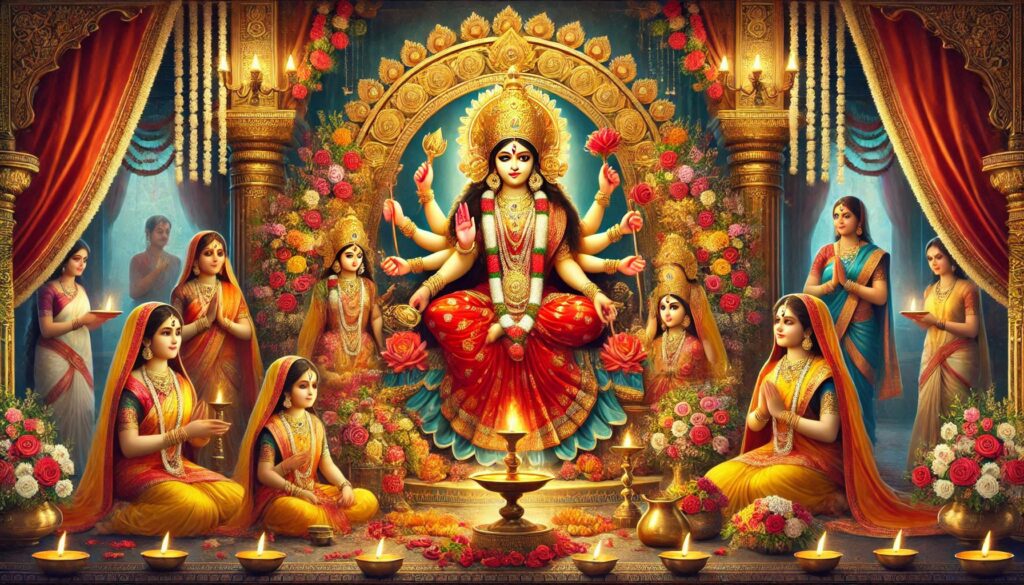 An ornate illustration of a multi-armed deity surrounded by flowers and attendants with lamps.