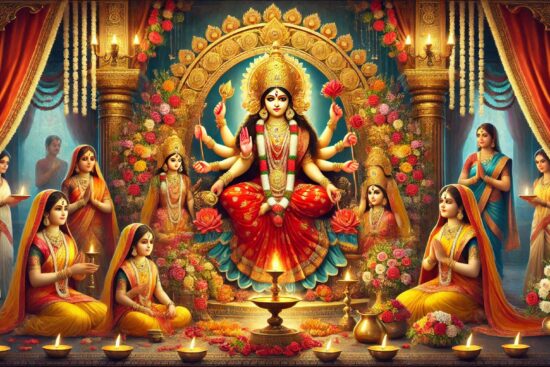 An ornate illustration of a multi-armed deity surrounded by flowers and attendants with lamps.