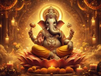 Illustration of Hindu deity Ganesha with four arms, seated on a lotus, surrounded by candles and flowers.