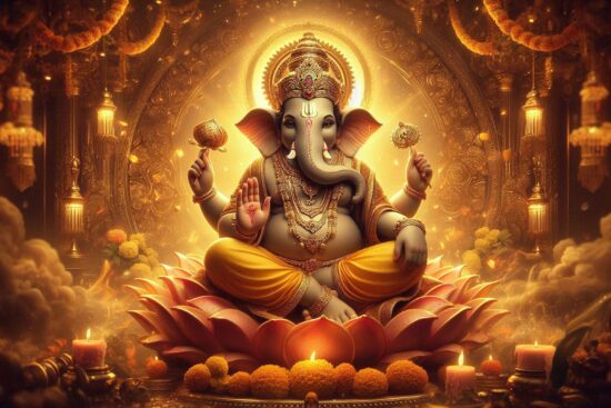 Illustration of Hindu deity Ganesha with four arms, seated on a lotus, surrounded by candles and flowers.