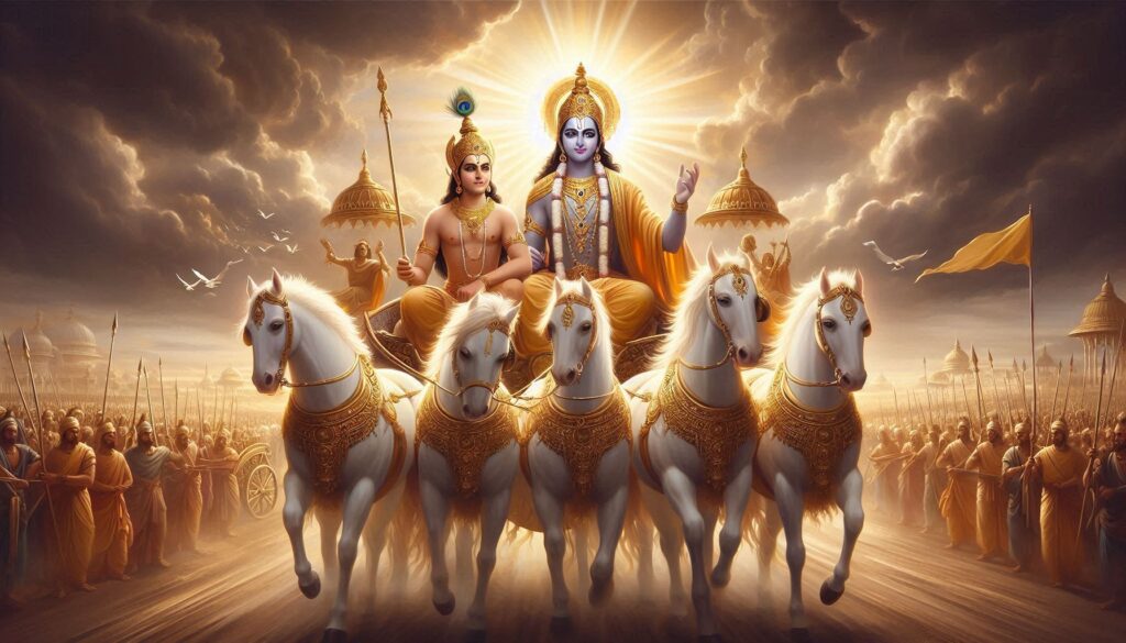 A chariot led by five horses in front of an army under a dramatic sky.