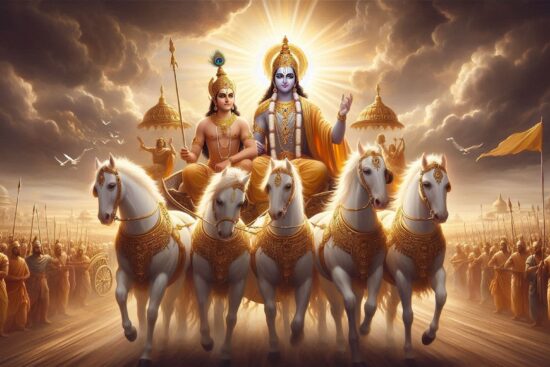 A chariot led by five horses in front of an army under a dramatic sky.