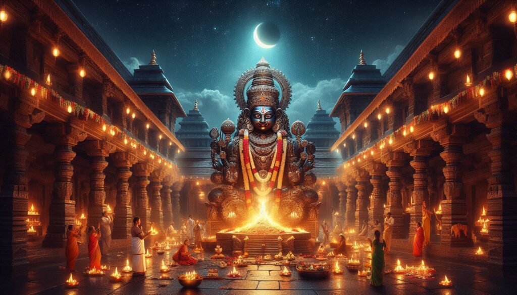 A temple lit by numerous lamps with attendants performing rituals under a crescent moon.