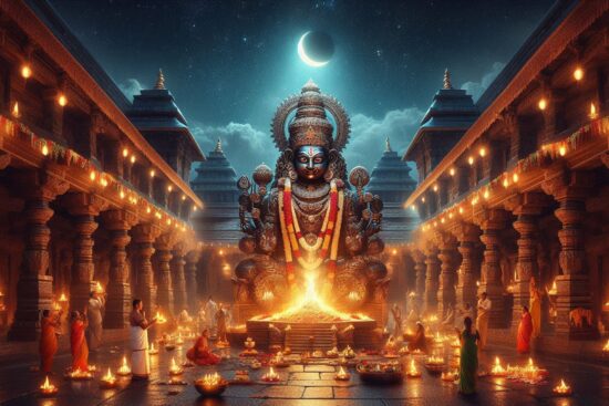 A temple lit by numerous lamps with attendants performing rituals under a crescent moon.