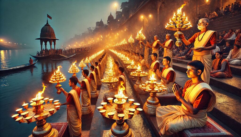 A row of monks holding multi-tiered lamps by a river at dusk, with onlookers and boats nearby.