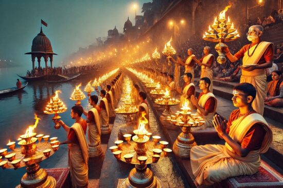 A row of monks holding multi-tiered lamps by a river at dusk, with onlookers and boats nearby.