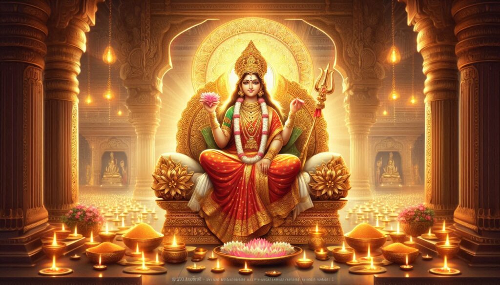 Goddess Durga in a richly adorned temple, seated on a golden throne. She is surrounded by glowing oil lamps and lotus flowers, holding a lotus and a trident. The temple is intricately decorated with carved pillars, enhancing the divine ambiance, symbolizing strength and purity.