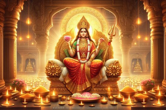 Goddess Durga in a richly adorned temple, seated on a golden throne. She is surrounded by glowing oil lamps and lotus flowers, holding a lotus and a trident. The temple is intricately decorated with carved pillars, enhancing the divine ambiance, symbolizing strength and purity.
