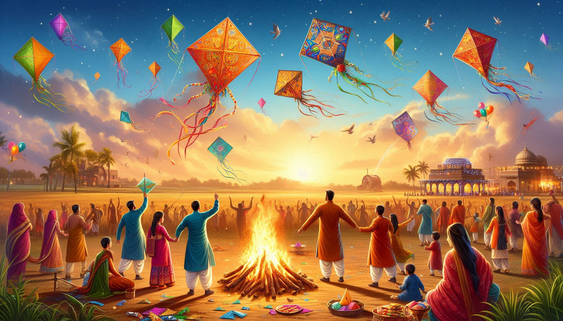 Colorful kites flying in the sky during a festive celebration with people around a bonfire.