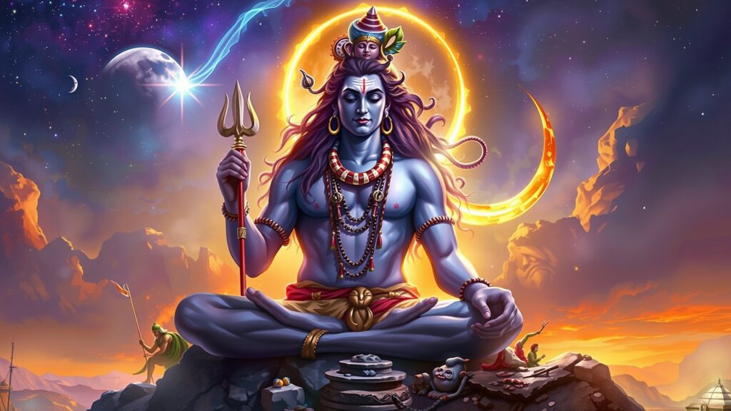 A figure with multiple arms meditating on a mountain with a cosmic backdrop and glowing elements.