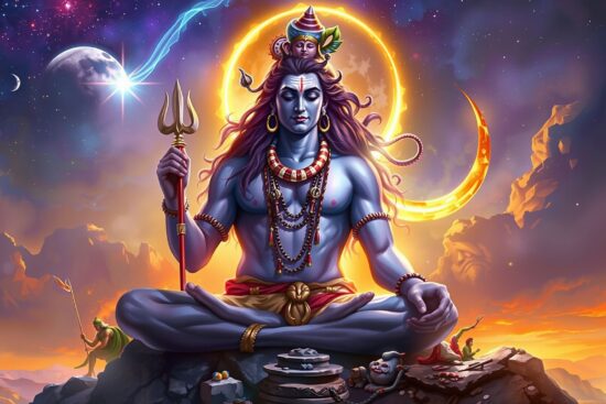 A figure with multiple arms meditating on a mountain with a cosmic backdrop and glowing elements.