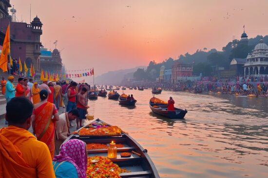 Sunset over a busy river with boats and people gathering along the ghats.