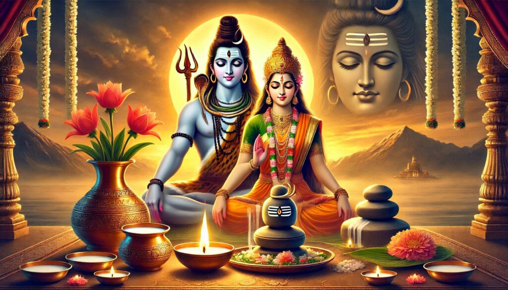 Artwork of Hindu deities with symbolic items, lotus flowers, and a lit lamp.