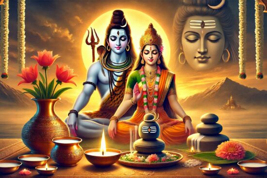 Artwork of Hindu deities with symbolic items, lotus flowers, and a lit lamp.