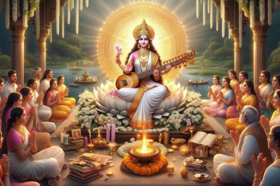 A group of people in prayer facing a deity playing a sitar on a lotus, surrounded by lamps and flowers.