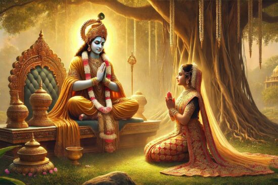 A person in ornate attire kneeling before a four-armed deity seated under a banyan tree.