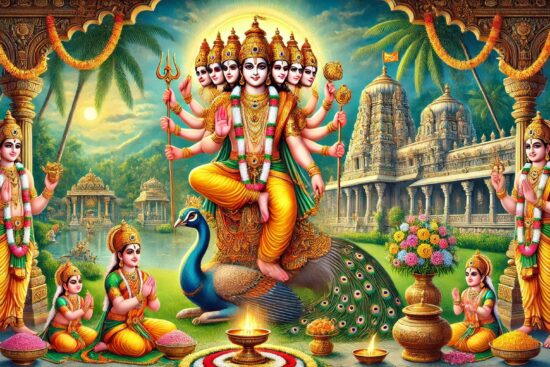 Colorful artwork of Hindu deities with multiple arms, peacock, temple background, and ritual items.