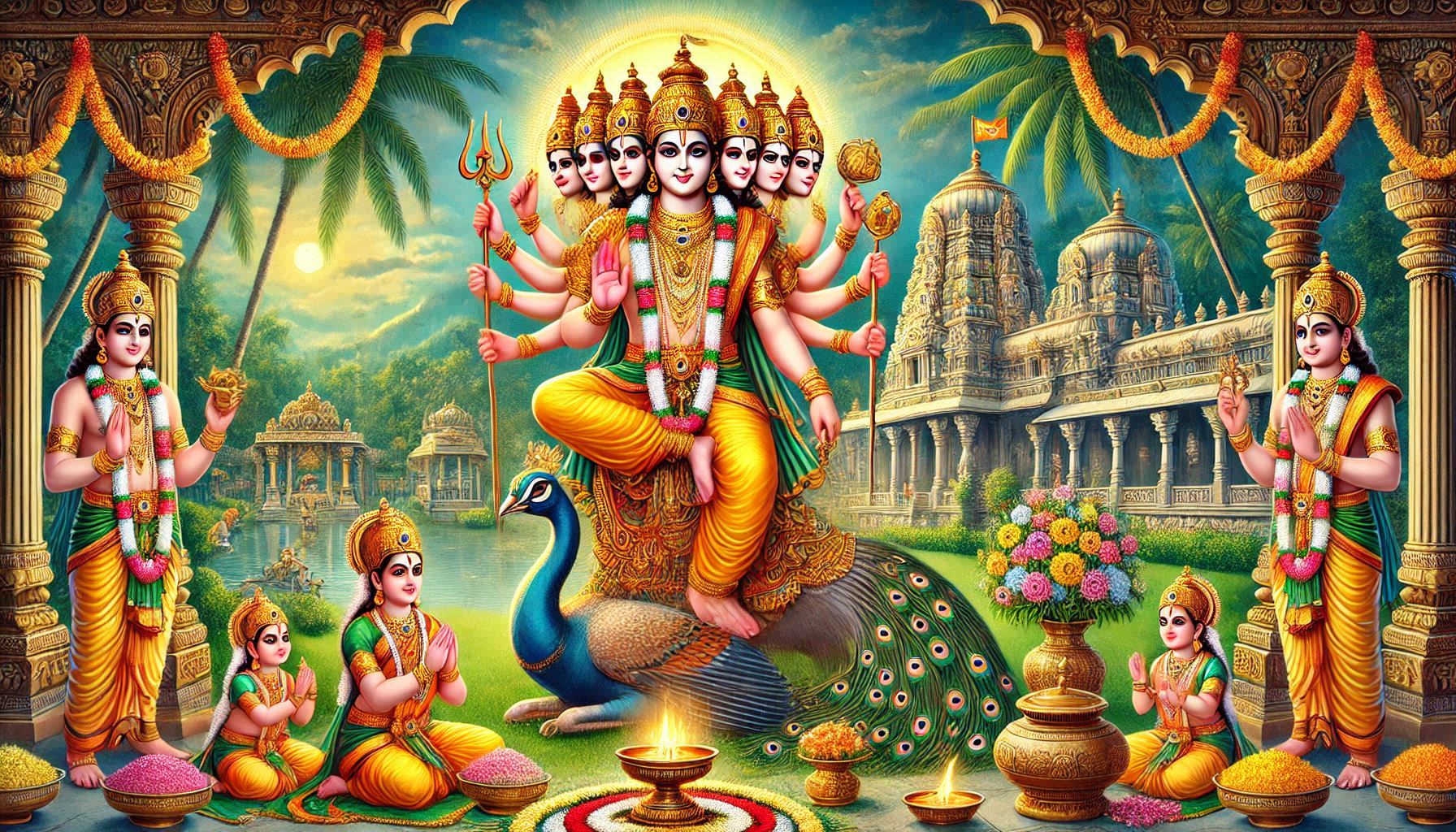 Colorful artwork of Hindu deities with multiple arms, peacock, temple background, and ritual items.
