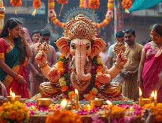 A Ganesh idol adorned with flowers at a festive ceremony, with attendees in traditional attire.