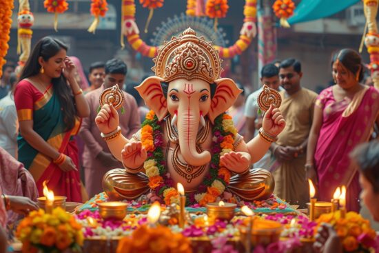 A Ganesh idol adorned with flowers at a festive ceremony, with attendees in traditional attire.