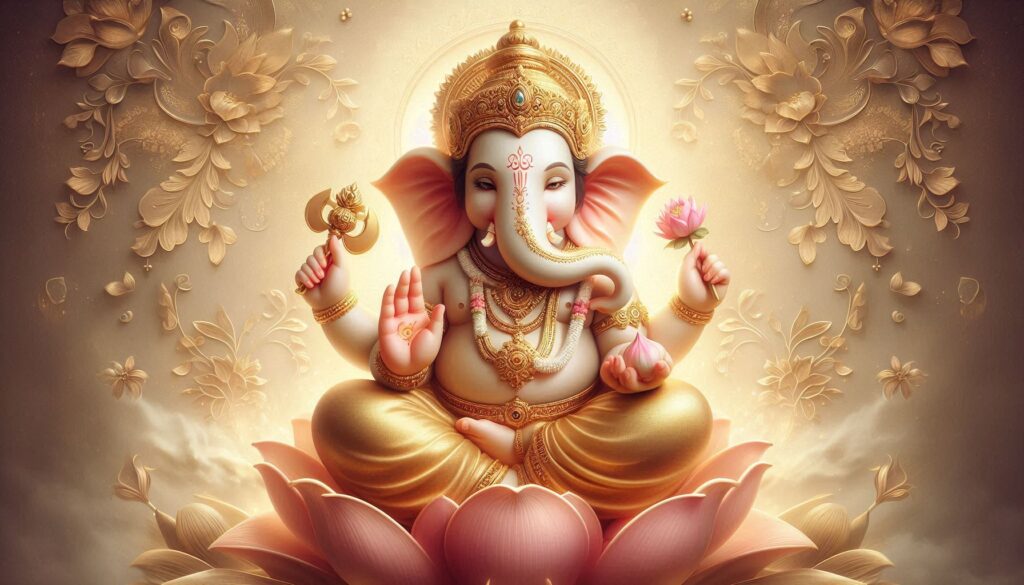 Golden-hued illustration of a four-armed deity seated on a lotus, with regal ornaments and holding symbolic objects.
