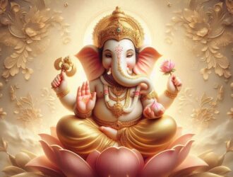 Golden-hued illustration of a four-armed deity seated on a lotus, with regal ornaments and holding symbolic objects.