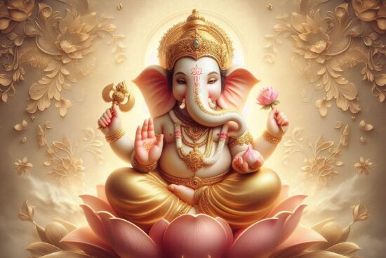 Golden-hued illustration of a four-armed deity seated on a lotus, with regal ornaments and holding symbolic objects.