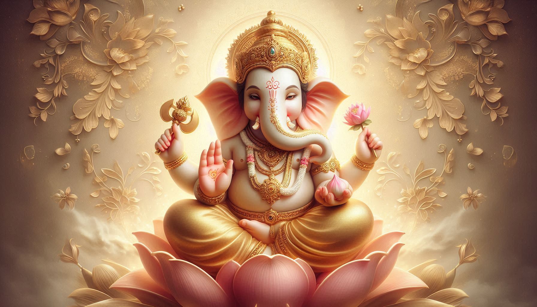 Golden-hued illustration of a four-armed deity seated on a lotus, with regal ornaments and holding symbolic objects.