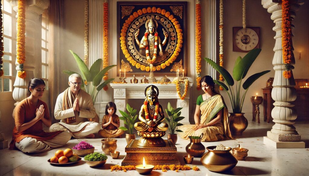 A traditional Indian puja room with idols, floral decorations, and offerings.