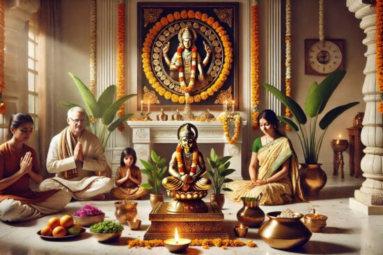A traditional Indian puja room with idols, floral decorations, and offerings.