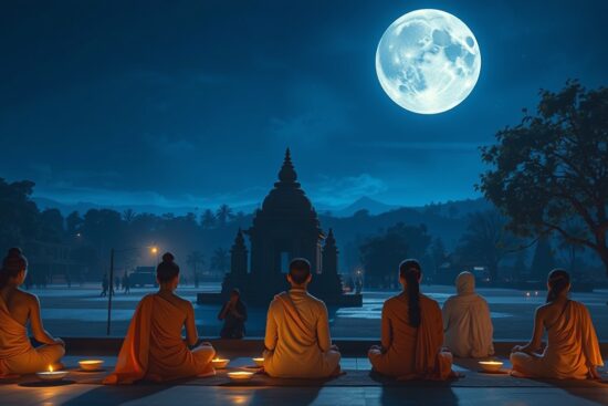 Monks meditating at night by a temple under a full moon.
