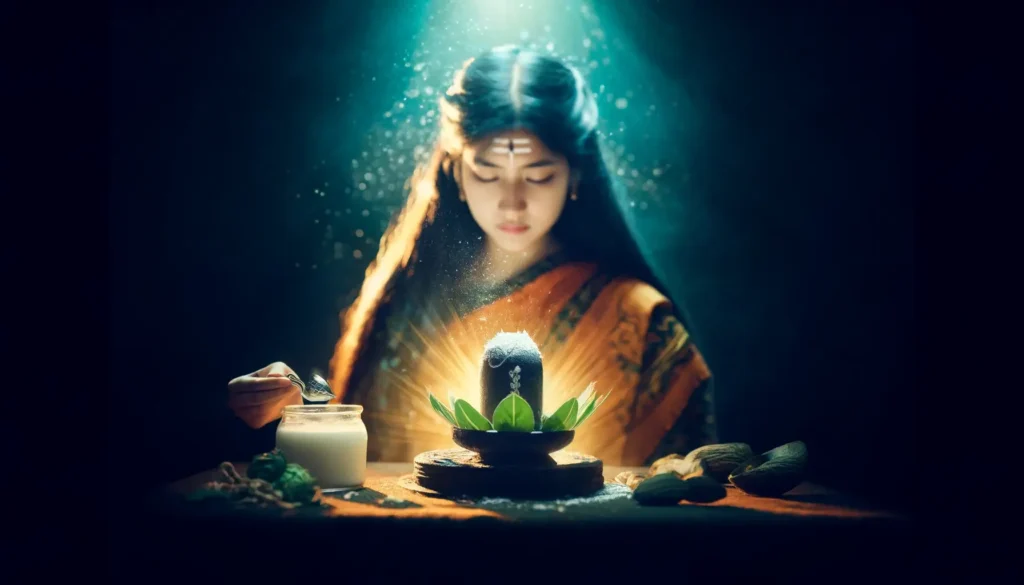 A figure in a traditional orange sari is performing a ritual with a black stone surrounded by leaves and other offerings, illuminated from above.