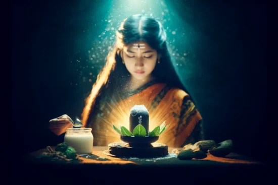 A figure in a traditional orange sari is performing a ritual with a black stone surrounded by leaves and other offerings, illuminated from above.