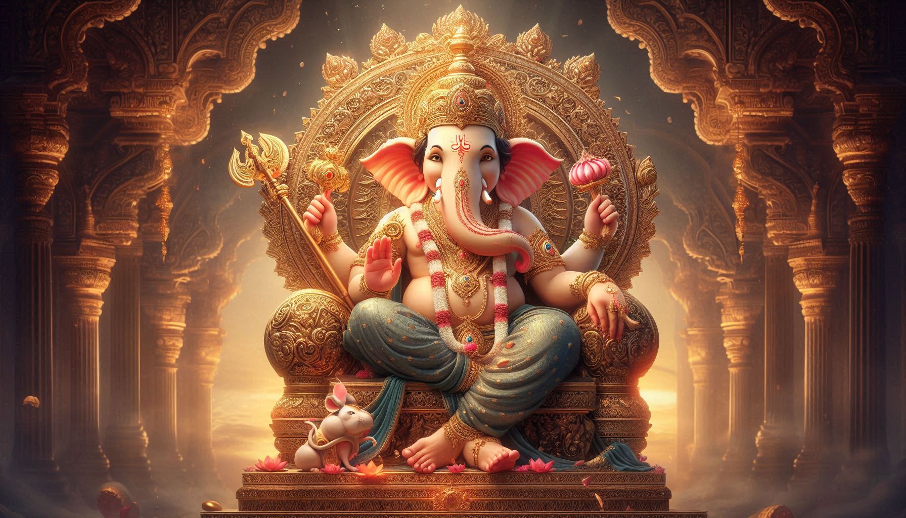 A majestic deity seated on a richly decorated throne, adorned with intricate jewelry and surrounded by vibrant golden light.