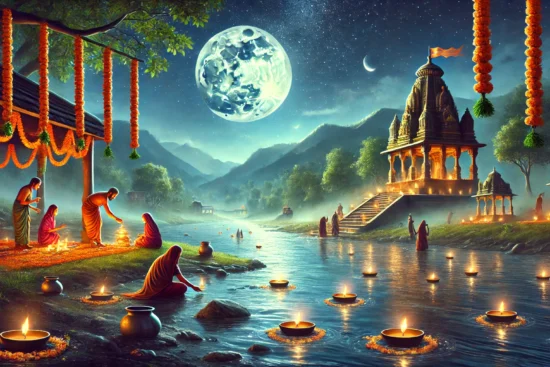 A serene nighttime scene featuring women lighting lamps by a river, with a temple and full moon in the background, surrounded by mountains.