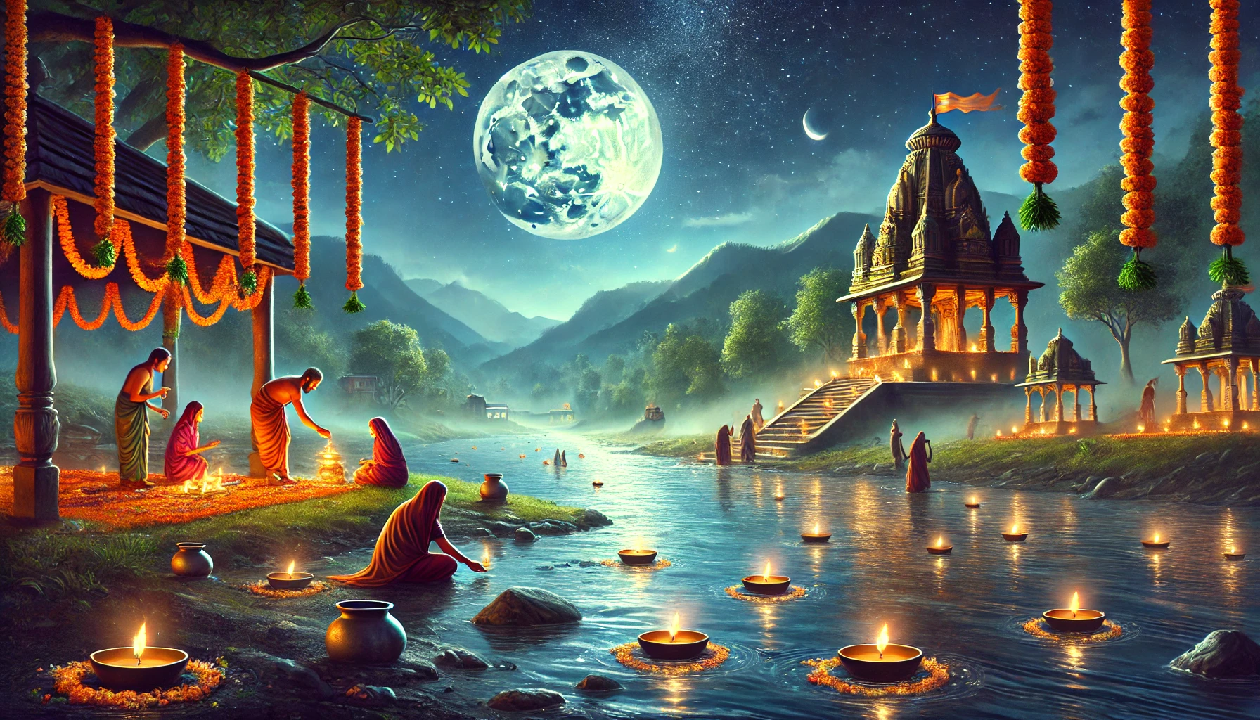 A serene nighttime scene featuring women lighting lamps by a river, with a temple and full moon in the background, surrounded by mountains.