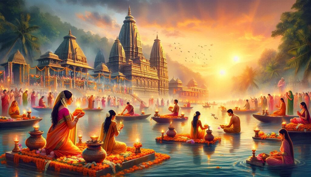 A serene river at sunset, lined with floating boats carrying people in vibrant traditional attire, surrounded by ornate temples.