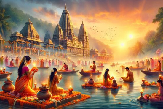 A serene river at sunset, lined with floating boats carrying people in vibrant traditional attire, surrounded by ornate temples.