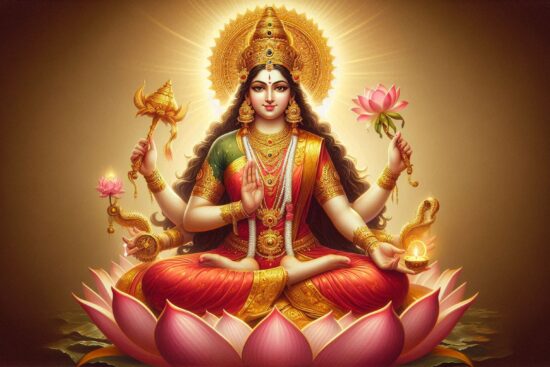 A goddess seated on a blooming lotus, holding a lamp, lotus, and a staff, radiating a golden glow against a soft, ethereal background.
