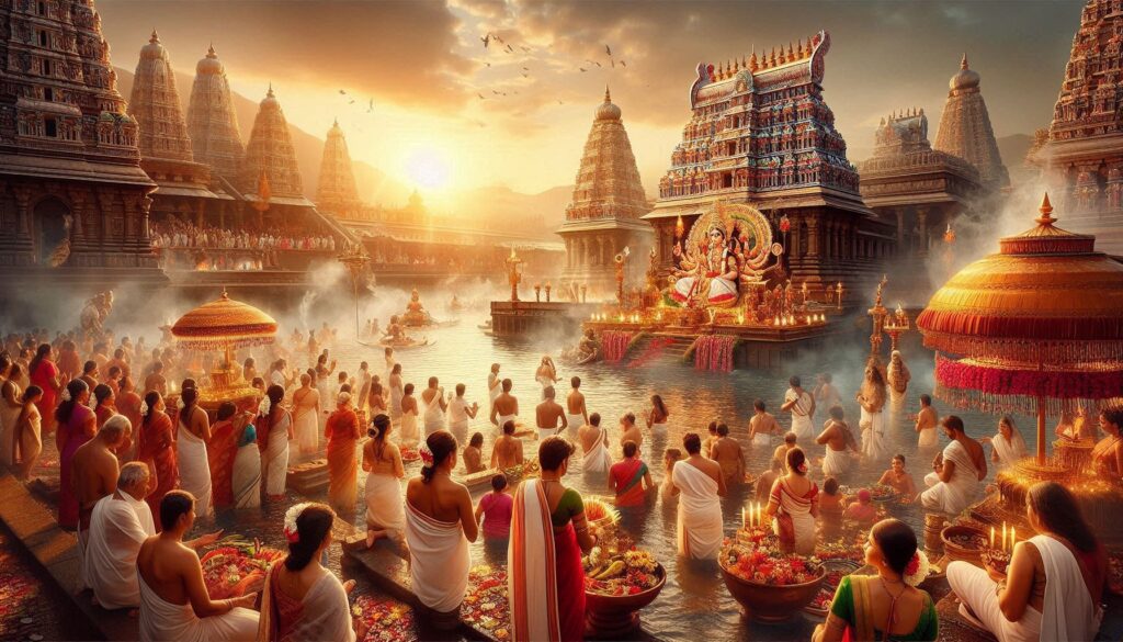 Devotees gather around a serene temple during sunset, engaged in rituals, surrounded by ornate structures and floral offerings in water.
