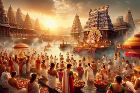 Devotees gather around a serene temple during sunset, engaged in rituals, surrounded by ornate structures and floral offerings in water.
