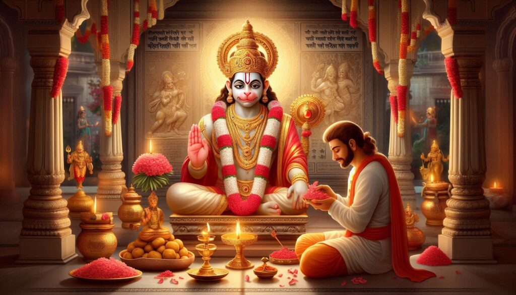 A vibrant temple scene featuring a seated deity adorned with jewelry and floral garlands, while a devotee offers prayers and flowers.