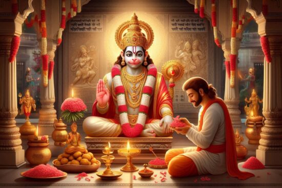 A vibrant temple scene featuring a seated deity adorned with jewelry and floral garlands, while a devotee offers prayers and flowers.