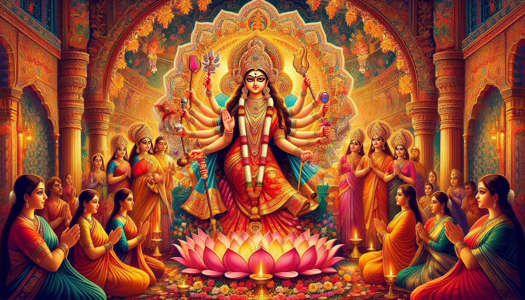 A vibrant depiction of a goddess with multiple arms, surrounded by devotees in colorful traditional attire, offering prayers near a lotus.