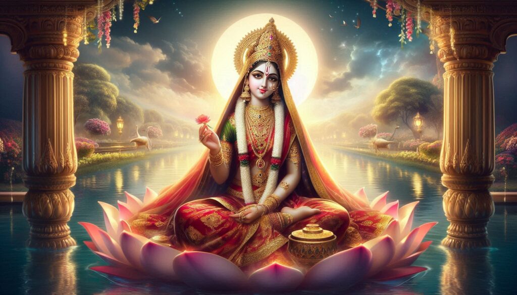 A serene goddess in ornate attire sits on a pink lotus, illuminated by a glowing moon, surrounded by lush landscapes and water.