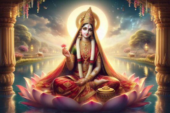 A serene goddess in ornate attire sits on a pink lotus, illuminated by a glowing moon, surrounded by lush landscapes and water.